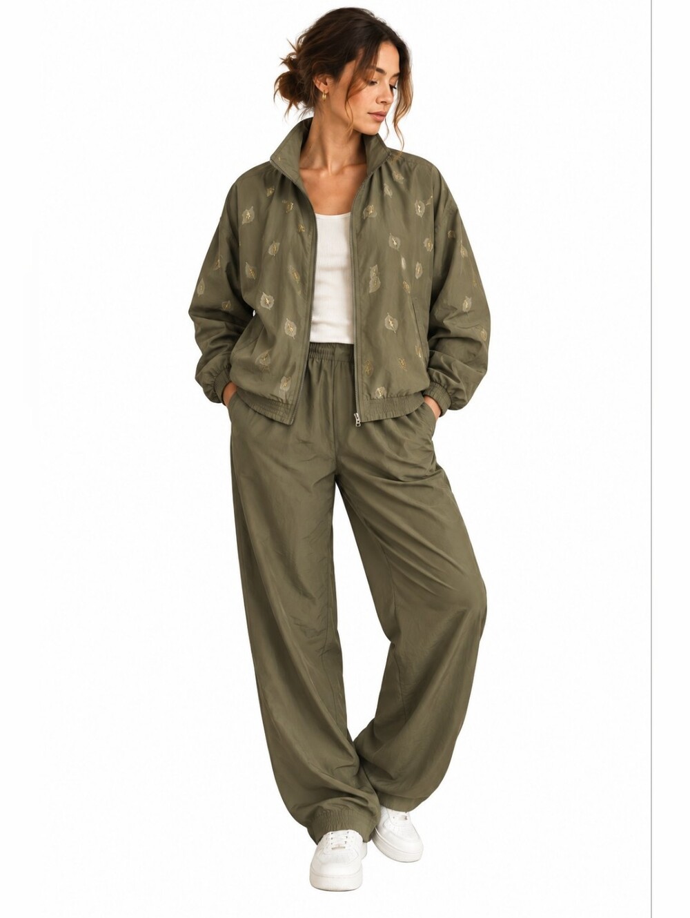 Vintage EVR 100% Silk 2 Piece Track Suit Jacket Pants Olive Gold Leaf Large